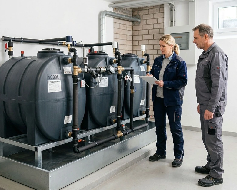 Sachverständiger prüft einen Tank und hält Unterlagen in der Hand