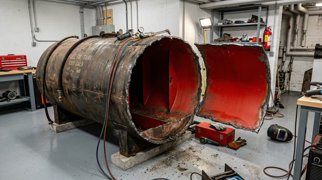 Demontage eines alten Heizöltanks in einem Kellerraum